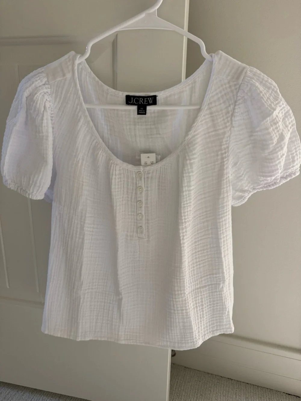 J. Crew White Gauze Puff-Sleeve Henley Top